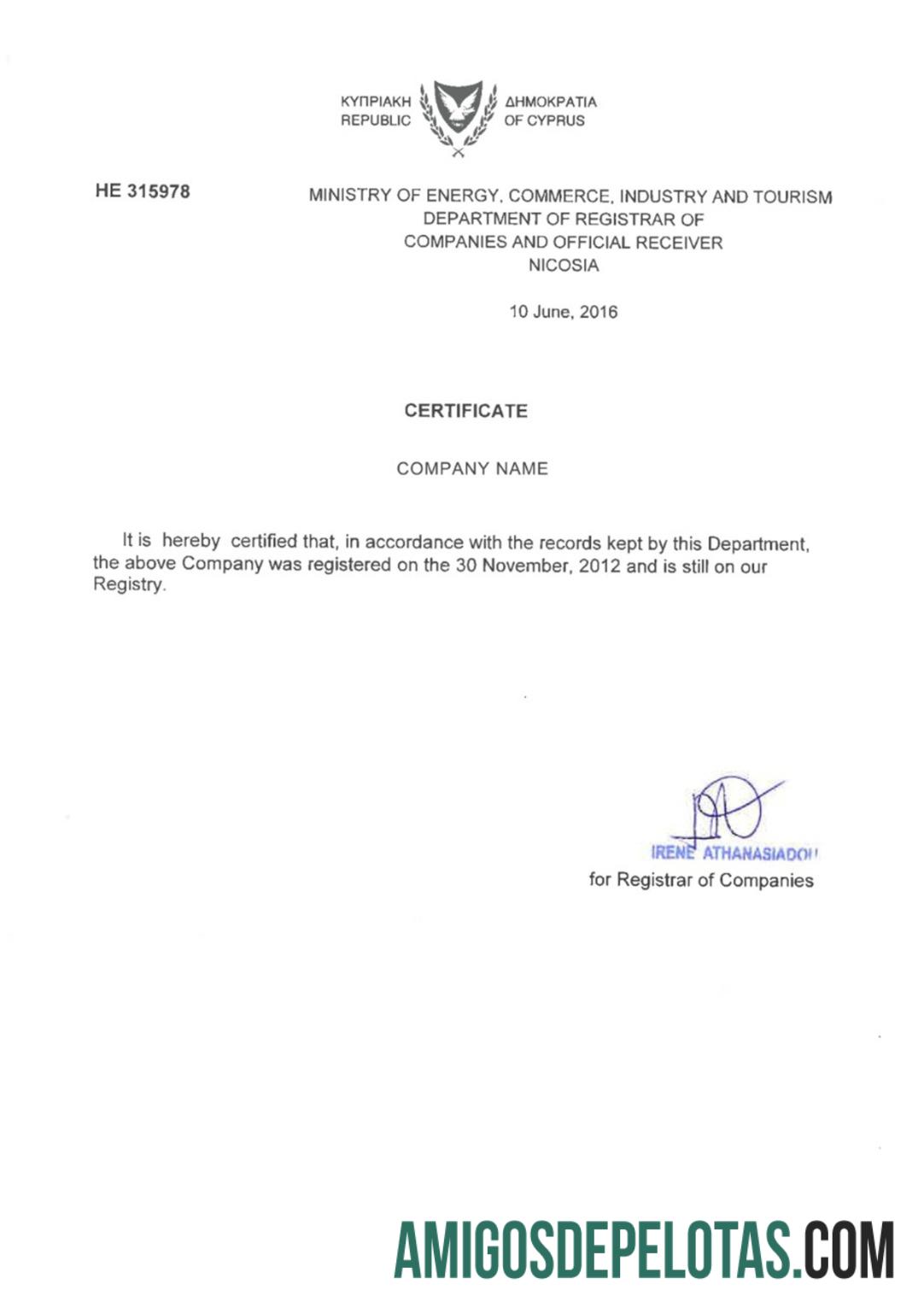 Cyprus Certificate Of Registration modelo